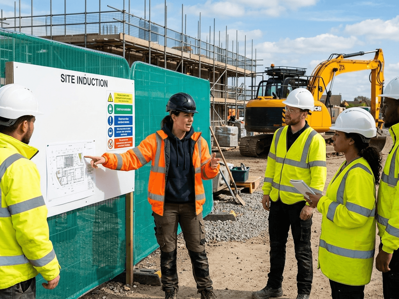 A construction site supervisor in a black hard hat gives an induction briefing to a small, diverse group of workers, gesturing and pointing as if explaining site plans or safety points, with scaffolding, safety signage, and high-visibility workwear in the background.
