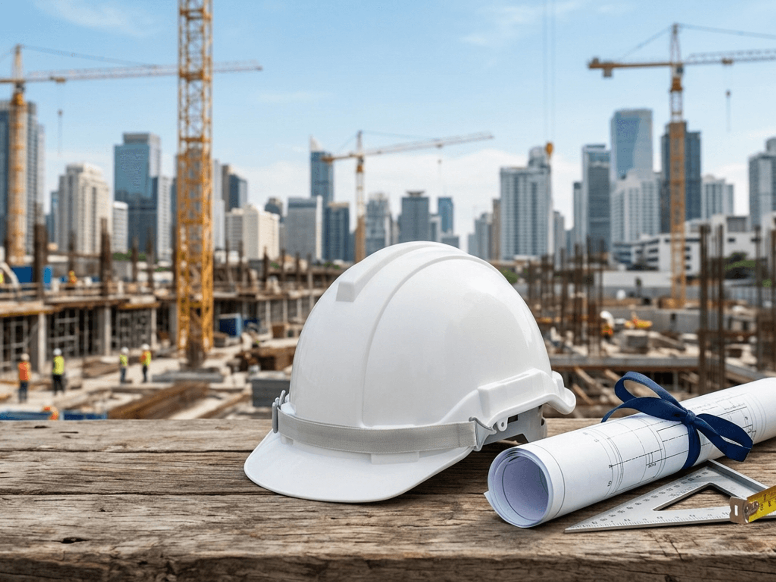 A white construction hard hat with the Skills Work Academy logo sits in the foreground beside rolled blueprints and drafting tools, with a skyscraper construction site and tower cranes in the background.