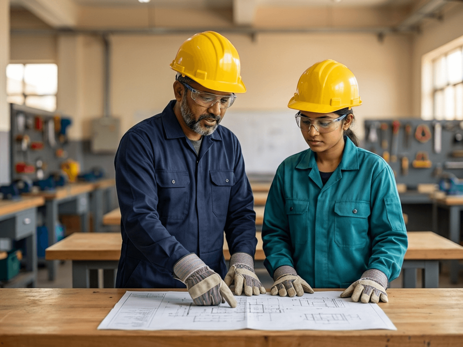 Two adult trainees, a man and a woman, review a technical drawing together at a workbench in an indoor vocational training workshop, both wearing a hard hat, safety glasses, and protective gloves, with no visible logos or branding.
