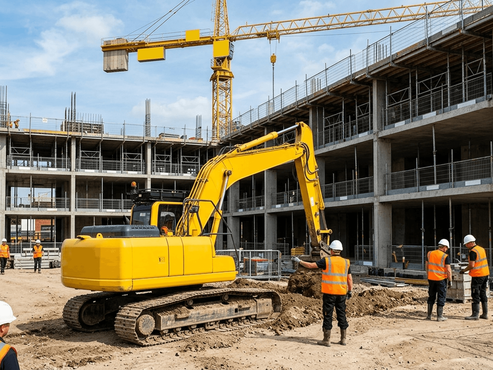 An active construction site with a tower crane overhead and a 360-degree excavator digger on the ground as the main focus.